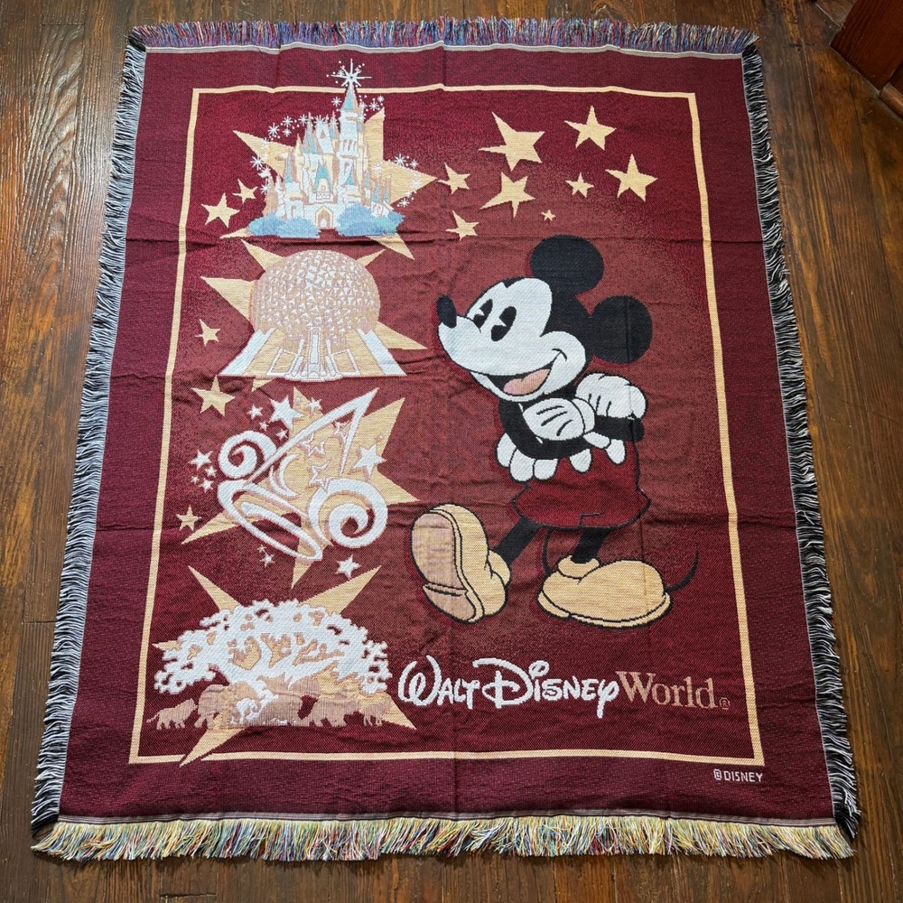Walt Disney World Tapestry Throw Blanket Red Mickey Mouse 4 Parks USA